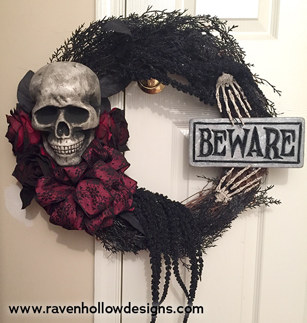 finished skull and roses Halloween wreath