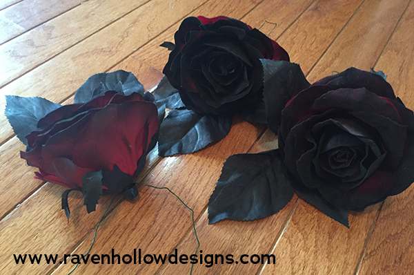 Wired roses for Halloween wreath